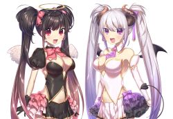 Rule 34 | + +, 2girls, :d, absurdres, angel, angel wings, arms at sides, bare shoulders, black hair, breasts, demon girl, demon horns, demon tail, demon wings, elbow gloves, eyes visible through hair, fang, frills, gloves, gradient hair, halo, highres, horns, kirisaki shuusei, large breasts, looking at viewer, multicolored hair, multiple girls, navel, necktie, open mouth, original, puffy sleeves, purple eyes, purple hair, red eyes, red hair, ribbon, slit pupils, smile, symbol-shaped pupils, tail, tareme, transparent background, tsurime, twintails, two-tone hair, virtual youtuber, white background, white hair, wings