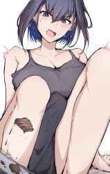 Rule 34 | 1girl, baking sheet, bare shoulders, black hair, blue eyes, blue hair, blush, bow, bow earrings, breasts, candy, chocolate, chocolate heart, collarbone, colored inner hair, commentary, earrings, food, grey shorts, grey tank top, hair between eyes, hair ornament, heart, highres, hololive, hololive english, jewelry, large breasts, looking at viewer, multicolored hair, on ground, open mouth, ouro kronii, ribbon earrings, sak1 01, shirt, short hair, shorts, simple background, sitting, solo, surprised, tank top, thighs, trembling, virtual youtuber, white background