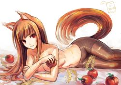Rule 34 | 1girl, absurdres, animal ears, apple, applesauce, breasts, brown hair, brown pantyhose, food, fruit, highres, holding, holo, long hair, looking at viewer, lying, messy, navel, on side, pantyhose, parted lips, red eyes, sexually suggestive, softmode, solo, spice and wolf, tail, topless, wheat, wolf ears, wolf tail