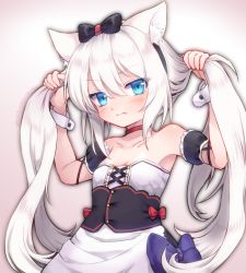 Rule 34 | 1girl, animal ear fluff, animal ears, armpits, arms up, azur lane, bare shoulders, black bow, black skirt, black sleeves, blue bow, blue eyes, bow, breasts, bunching hair, cat ears, closed mouth, collarbone, commentary request, detached sleeves, fake animal ears, fang, fang out, gradient background, grey background, hair between eyes, hair bow, hammann (azur lane), long hair, looking at viewer, nanopai kakumeikokonoyu, puffy short sleeves, puffy sleeves, red bow, retrofit (azur lane), short sleeves, silver hair, skirt, small breasts, solo, strapless, twintails, twitter username, very long hair, white background, wrist cuffs