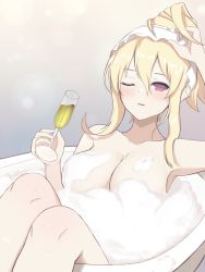 Rule 34 | 1girl, alcohol, bath, bathing, bathtub, blonde hair, blush, breasts, champagne, champagne flute, cleavage, commentary request, convenient censoring, cup, drinking glass, hair between eyes, highres, holding, holding cup, large breasts, leo (senran kagura), looking at viewer, nude, one eye closed, parted lips, purple eyes, senran kagura, soap bubbles, soap censor, solo, surippa1010