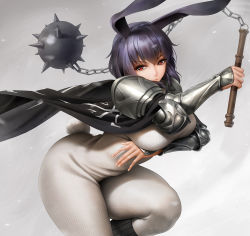 Rule 34 | 1girl, animal ears, armor, black hair, bodysuit, breast hold, breasts, cape, chain, flail, highres, large breasts, looking at viewer, morning star, obaoba (monkeyix), original, pauldrons, rabbit ears, rabbit tail, red eyes, short hair, shoulder armor, simple background, solo, tail, vambraces, weapon, white bodysuit