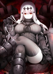Rule 34 | 1girl, abyssal ship, aircraft carrier water oni, black dress, black neckerchief, black sweater, breasts, colored skin, dress, hair between eyes, kantai collection, large breasts, long hair, long sleeves, machinery, neckerchief, red eyes, revision, rui shi (rayze ray), solo, sweater, sweater dress, turret, white hair, white skin