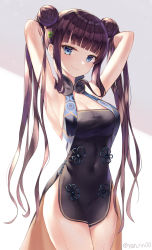 Rule 34 | 1girl, absurdres, armpits, arms behind head, arms up, bad id, bad pixiv id, bare arms, bare shoulders, black dress, blue eyes, breasts, china dress, chinese clothes, cleavage, cowboy shot, double bun, dress, fate/grand order, fate (series), hair bun, hair ornament, highres, long hair, looking at viewer, medium breasts, meliyannn, pelvic curtain, purple hair, side slit, sidelocks, sleeveless, sleeveless dress, smile, solo, standing, thighs, twintails, twitter username, very long hair, wet, yang guifei (fate), yang guifei (first ascension) (fate), yang guifei (second ascension) (fate)