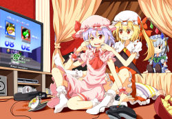 Rule 34 | &gt;:d, 2girls, :d, ascot, bat wings, bed, blonde hair, blue hair, bow, bowl, bowser, braid, canopy bed, character doll, chips (food), console, controller, cup, dress, female focus, finger in another&#039;s mouth, flandre scarlet, food, game console, game controller, grin, hair bow, hat, hat ribbon, izayoi sakuya, koopa, maid, mario (series), mario kart, mario kart 64, mouth pull, multiple girls, nintendo, nintendo 64, no shoes, open mouth, pillow, pink dress, playing games, red dress, remilia scarlet, ribbon, ruu (tksymkw), siblings, side ponytail, silver hair, sisters, sitting, skirt, skirt set, smile, socks, spilling, super mario bros. 1, teacup, television, touhou, truth, twin braids, v-shaped eyebrows, wings, yoshi