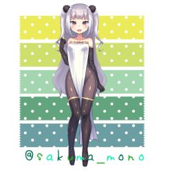 Rule 34 | 1girl, bad id, bad twitter id, bare shoulders, blush, boots, breasts, collarbone, dress, elbow gloves, full body, gloves, highres, hoshizono kanon (artist), indie virtual youtuber, long hair, looking at viewer, multicolored eyes, official art, open mouth, pantyhose, platform footwear, pom pom (clothes), purple eyes, red eyes, sakuma mono, sakuma mono (channel), silver hair, sleeveless, small breasts, smile, standing, thigh boots, thighhighs, two side up, virtual youtuber, white dress
