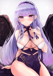 Rule 34 | 1girl, absurdres, azur lane, bare arms, bare shoulders, black wings, blunt bangs, blush, breasts, cleavage, closed mouth, dido (anxious bisque doll) (azur lane), dido (azur lane), dress, hairband, halter dress, halterneck, highres, large breasts, long hair, looking at viewer, pelvic curtain, purple dress, purple eyes, purple hair, purple hairband, ryara, sitting, sleeveless, sleeveless dress, smile, solo, straight hair, thighs, very long hair, wings