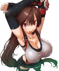 Rule 34 | 1girl, amania orz, armpits, arms up, black skirt, breasts, brown hair, cleavage, collarbone, commentary request, elbow gloves, elbow pads, final fantasy, final fantasy vii, final fantasy vii remake, fingerless gloves, from above, gloves, highres, large breasts, long hair, looking at viewer, low-tied long hair, midriff, miniskirt, open mouth, pencil skirt, red eyes, shirt, skirt, smile, solo, square enix, standing, suspender skirt, suspenders, tank top, taut clothes, taut shirt, thighhighs, thighs, tifa lockhart, undershirt