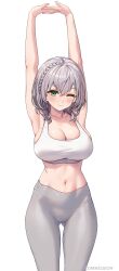 Rule 34 | 1girl, armpits, braid, breasts, cleavage, collarbone, commission, french braid, green eyes, grey hair, highres, hololive, large breasts, lw goombang, medium hair, midriff, mole, mole on breast, navel, one eye closed, pants, shirogane noel, solo, stretching, virtual youtuber, yoga pants