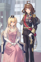Rule 34 | 2girls, ahoge, alternate costume, black hairband, black jacket, black pants, blonde hair, blue eyes, braid, breasts, brown hair, chair, crown, dated, double bun, dress, epaulettes, french braid, gloves, grin, hair between eyes, hair bun, hairband, hand on hilt, highres, himeyamato, indoors, jacket, jewelry, kantai collection, kongou (kancolle), large breasts, long hair, long sleeves, medal, military, military uniform, mini crown, multiple girls, necklace, pants, pink dress, purple eyes, red sash, sash, scabbard, sheath, sheathed, sitting, smile, standing, sword, uniform, warspite (kancolle), weapon, white gloves