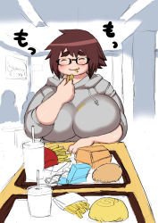 Rule 34 | 1girl, ^ ^, bad id, bad pixiv id, blush, breast rest, breasts, brown hair, burger, closed eyes, drink, eating, eyebrows, fat, food, food on clothes, french fries, glasses, huge breasts, kjmvideo, mcdonald&#039;s, obese, original, pov dating, short eyebrows, short hair, sketch, solo, thick eyebrows