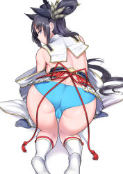 Rule 34 | 1girl, all fours, armor, ass, bent over, black hair, black hat, blue eyes, blue panties, breasts, cameltoe, cleft of venus, detached sleeves, fate/grand order, fate (series), gloves, hat, huge ass, japanese armor, japanese clothes, kneehighs, kusazuri, long hair, looking at viewer, looking back, miyamoto issa, panties, sideboob, simple background, socks, solo, thighs, underwear, ushiwakamaru (fate), white background, white socks, wide hips