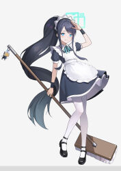 Rule 34 | 1girl, absurdres, apron, aris (blue archive), aris (maid) (blue archive), black hair, black shirt, black skirt, blue archive, blue eyes, blue ribbon, broom, closed mouth, collared shirt, floating hair, full body, grey background, guyijun, highres, holding, holding broom, layered skirt, long hair, looking at viewer, maid, miniskirt, neck ribbon, pantyhose, ponytail, ribbon, shirt, short sleeves, simple background, skirt, smile, solo, standing, swept bangs, very long hair, white apron, white pantyhose, wing collar, wristband
