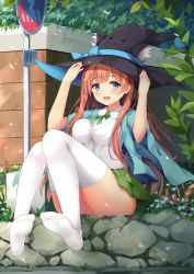 Rule 34 | 1girl, :3, :d, animal ears, bad id, bad pixiv id, blue bow, blue eyes, blush, bow, breasts, brown hair, capelet, cat ears, collared shirt, commentary, eyebrows, feet, feet up, flower, grass, green ribbon, green skirt, hat, holding, holding clothes, holding hat, knees together feet apart, large breasts, long hair, looking at viewer, md5 mismatch, no shoes, open mouth, original, plant, ribbon, shirt, sign, sitting, skirt, smile, soles, solo, suzuame yatsumi, teeth, thighhighs, thighs, white thighhighs, witch hat