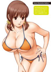 Rule 34 | 1girl, action pizazz, bare shoulders, bikini, blush, breasts, brown eyes, brown hair, cleavage, collarbone, fingernails, hand on own hip, highres, large breasts, leaning forward, long fingernails, low twintails, medium hair, nail polish, navel, open mouth, pink nails, saigado, short twintails, side-tie bikini bottom, simple background, solo, swimsuit, twintails, white background
