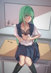 Rule 34 | 1girl, absurdres, black bra, black socks, black thighhighs, blue eyes, blue skirt, blush, board, bra, bra pull, breasts, cleavage, closed mouth, clothes pull, collarbone, desk, feet out of frame, green hair, highres, kneehighs, long hair, looking at viewer, masou shizuka, medium breasts, mkhaggar, open clothes, open shirt, rance (series), school desk, school uniform, shirt, sitting, sitting on table, skirt, socks, solo, table, thighhighs, underwear, white shirt