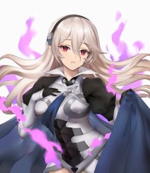 Rule 34 | 1girl, armor, aura, black gloves, black hairband, blue cape, cape, corrin (female) (fire emblem), corrin (fire emblem), dark aura, fire emblem, fire emblem fates, fire emblem heroes, gloves, hair between eyes, hairband, highres, long hair, nintendo, parted lips, pointy ears, red eyes, simple background, solo, upper body, white background, white hair, yoru (yowuyoru)