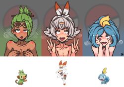 Rule 34 | 3girls, ahegao, ahoge, blonde hair, blue hair, blush, breasts, breath, cleavage, creatures (company), dark-skinned female, dark skin, double v, drooling, eyeliner, eyewear on head, folded ponytail, game freak, gen 8 pokemon, green hair, grookey, heart, heart-shaped pupils, highres, makeup, multiple girls, nintendo, open mouth, personification, poke ball, pokemon, pokemon (creature), pokemon swsh, ponytail, saliva, scorbunny, sexually suggestive, short hair, smile, sobble, starter pokemon trio, sweat, symbol-shaped pupils, tongue, tongue out, v, verymediocre