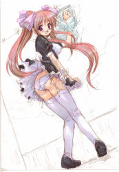 Rule 34 | 1girl, apron, ass, black dress, blush, bow, clothes lift, dress, dress lift, garter belt, hair bow, lingerie, long hair, maid, maid apron, mary janes, panties, petticoat, purple eyes, red hair, shoes, skirt, skirt lift, solo, thighhighs, twintails, underwear, white panties, white thighhighs, wind, wind lift