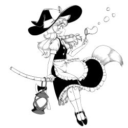 Rule 34 | 1girl, apron, axe, bow, braid, broom, broom riding, blowing bubbles, closed mouth, commentary, english commentary, from side, full body, giantcavemushroom, greyscale, hat, hat bow, highres, kirisame marisa, lamp, long hair, looking at viewer, monochrome, shoes, side braid, simple background, single braid, socks, solo, touhou, twitter username, waist apron, witch hat