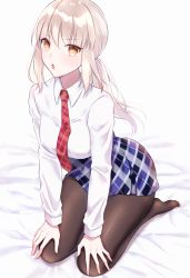 Rule 34 | 1girl, artoria pendragon (all), artoria pendragon (fate), blonde hair, blue skirt, blush, breasts, brown pantyhose, collared shirt, contemporary, dress shirt, fate/stay night, fate (series), highres, long hair, long sleeves, looking at viewer, meltymaple, necktie, open mouth, pantyhose, plaid, plaid skirt, ponytail, red necktie, saber alter, seiza, shirt, sidelocks, simple background, sitting, skirt, small breasts, solo, thighs, white background, white shirt, yellow eyes