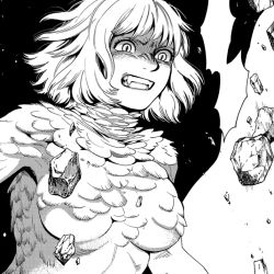 Rule 34 | 1girl, breasts, chimera, dungeon meshi, falin touden, fangs, feathers, monochrome, monster girl, short hair, solo, underboob