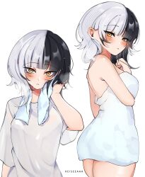 Rule 34 | 1girl, absurdres, black hair, blush, breasts, grey hair, highres, hololive, hololive english, keisea, large breasts, long hair, looking at viewer, multicolored hair, naked towel, open mouth, shiori novella, solo, split-color hair, towel, two-tone hair, virtual youtuber, wet, wet face, wet hair, yellow eyes