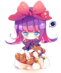 Rule 34 | 1girl, 3:, ana (rznuscrf), blue eyes, blush, bow, closed mouth, dress, feli (puyopuyo), full body, hair bow, holding, holding stuffed toy, long hair, long sleeves, looking at viewer, purple bow, purple hair, puyopuyo, red bow, seiza, sitting, solo, spoken squiggle, squiggle, stuffed animal, stuffed toy, tears, teddy bear, v-shaped eyebrows, white background, white dress