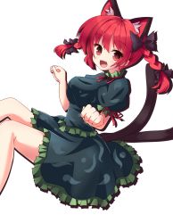 Rule 34 | 1girl, :3, animal ears, bad id, bad pixiv id, bow, braid, cat ears, cat girl, cat tail, dress, extra ears, fang, female focus, hair bow, highres, kaenbyou rin, kuromari (runia), multiple tails, open mouth, paw pose, red eyes, red hair, simple background, solo, tail, touhou, twin braids, twintails