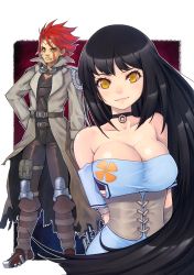 Rule 34 | 1boy, 1girl, bare shoulders, belt, black hair, breasts, choker, cleavage, cora, corset, goggles, goggles around neck, highres, jacket, large breasts, long hair, mahito, metal max, metal max 3, red hair, yellow eyes