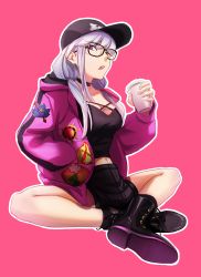 Rule 34 | 1girl, allen riv, baseball cap, bespectacled, black-framed eyewear, black footwear, black hat, black shorts, boots, cup, disposable cup, fate/grand order, fate (series), glasses, grey hair, hat, highres, holding, holding cup, jacket, kama (fate), kama (tour outfit) (fate), long sleeves, open clothes, open jacket, pink jacket, red eyes, short shorts, shorts, sitting, solo