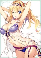 Rule 34 | 1girl, absurdres, armpits, arms behind head, arms up, babydoll, belt, bikini, blonde hair, blue eyes, blush, breasts, cleavage, collarbone, flower, front-tie bikini top, front-tie top, granblue fantasy, hair flower, hair ornament, hairband, highres, jeanne d&#039;arc (granblue fantasy), kikuchi seiji, leg up, long hair, looking at viewer, medium breasts, navel, o-ring, o-ring bikini, o-ring top, one eye closed, open mouth, sandals, scan, see-through, shiny clothes, shiny skin, side-tie bikini bottom, simple background, smile, solo, swimsuit, thighs, white background