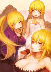 Rule 34 | 3girls, aged down, bakemonogatari, bare shoulders, blonde hair, breasts, cleavage, doughnut, elbow gloves, fang, food, gloves, kiss-shot acerola-orion heart-under-blade, large breasts, long hair, monogatari (series), mouth hold, multiple girls, multiple persona, open mouth, oshino shinobu, side ponytail, smile, yaoya musuko, yellow eyes