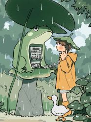 Rule 34 | 1girl, animal, bird, blush, boots, brown hair, commentary, dated commentary, duck, frog, full body, highres, holding, holding phone, hood, hood down, leaf, leaf on head, lily pad, long sleeves, mannerer62, nature, original, outdoors, payphone, phone, rain, raincoat, short hair, shorts, solo, standing, water drop, yellow footwear, yellow raincoat