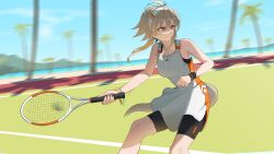 Rule 34 | 1girl, arknights, ball, bare arms, bare shoulders, bike shorts, black shorts, blue sky, breasts, brown eyes, brown hair, closed mouth, cloud, collarbone, commentary request, day, dress, hair between eyes, hairband, highres, holding, long hair, looking to the side, mayer (arknights), medium breasts, motion blur, northkiyou, outdoors, palm tree, racket, shorts, shorts under dress, sky, sleeveless, sleeveless dress, solo, sportswear, sweatband, tennis, tennis ball, tennis court, tennis dress, tennis racket, tennis uniform, tree, v-shaped eyebrows, water, white dress, white hairband, wristband