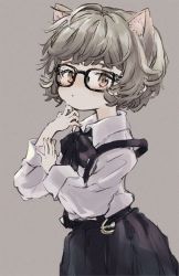 Rule 34 | 1girl, :o, animal ear fluff, animal ears, bespectacled, black-framed eyewear, black bow, black skirt, blush, bow, brown background, brown eyes, brown hair, cat ears, collared shirt, commentary request, eyebrows hidden by hair, glasses, hands up, hatoba tsugu, hatoba tsugu, highres, kemonomimi mode, looking at viewer, parted lips, pleated skirt, sha2mo, shirt, simple background, skirt, solo, suspender skirt, suspenders, virtual youtuber, white shirt