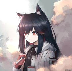 Rule 34 | 1girl, animal ear fluff, animal ears, arknights, black hair, black shirt, blush, cigarette, closed mouth, eyebrows hidden by hair, gloves, heart, heart necklace, highres, holding, holding cigarette, hood, hood down, hooded jacket, id card, jacket, long hair, long sleeves, looking away, meis (meistral), multicolored hair, necklace, official alternate costume, open clothes, open jacket, red eyes, red gloves, red hair, shirt, sidelocks, smoke, solo, texas (arknights), texas (winter messenger) (arknights), two-tone hair, upper body, white jacket, wolf ears
