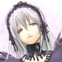 Rule 34 | 00s, lowres, pink background, purple eyes, rozen maiden, sabamu, silver hair, simple background, solo, suigintou