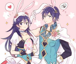 Rule 34 | 1boy, 1girl, :3, alternate costume, animal ears, animal hood, asymmetrical clothes, blue hair, blush, chrom (fire emblem), chrom (spring) (fire emblem), dinikee, easter, easter egg, egg, fake animal ears, father and daughter, fire emblem, fire emblem awakening, fire emblem heroes, gloves, heart, hood, looking at viewer, lucina (fire emblem), lucina (spring) (fire emblem), nintendo, official alternate costume, open collar, rabbit ears, rabbit hood, spoken heart, spoken squiggle, squiggle, sweatdrop, upper body