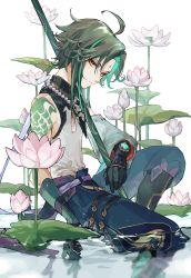 Rule 34 | 1boy, ahoge, arm tattoo, armor, asymmetrical clothes, bead necklace, beads, black gloves, detached sleeves, eyeshadow, facial mark, flower, forehead mark, genshin impact, gloves, green gloves, green hair, highres, jewelry, makeup, male focus, multicolored hair, necklace, parted bangs, primordial jade winged-spear (genshin impact), red eyeshadow, shiraishi (siraisi00), short hair with long locks, sidelocks, single bare shoulder, single detached sleeve, solo, tassel, tattoo, two-tone hair, vision (genshin impact), water, white flower, wide sleeves, xiao (genshin impact), yellow eyes