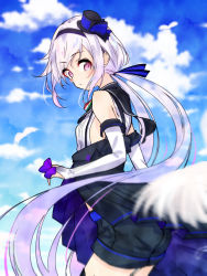 Rule 34 | .live, 1girl, armpits, breasts, carro pino, cloud, cloudy sky, detached sleeves, feathers, highres, long hair, low twintails, purple eyes, purple hair, rascala39, shorts, sky, sleeveless, small breasts, solo, twintails, virtual youtuber