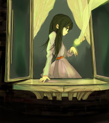 Rule 34 | 1girl, brown eyes, brown hair, curtains, dress, expressionless, glowing, original, profile, solo focus, window, windowsill