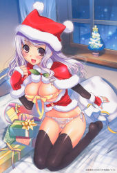 Rule 34 | 00s, 1girl, 2008, black thighhighs, blush, breasts, capelet, christmas, christmas tree, cleavage, curtains, dated, fingerless gloves, fur-trimmed capelet, fur-trimmed gloves, fur-trimmed headwear, fur trim, gift, gloves, hat, highres, january, kiya shii, kneeling, large breasts, long hair, looking at viewer, mistletoe, open clothes, open mouth, open shirt, original, panties, polychrome, pom pom (clothes), purple eyes, purple hair, red capelet, red gloves, red headwear, red shirt, ribbon, sack, santa costume, santa hat, shirt, side-tie panties, smile, snow, source request, thighhighs, underwear, wall, white gloves, window