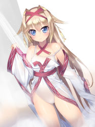 Rule 34 | 1girl, 3:, alternate color, alternate costume, alternate eye color, alternate hair color, bare shoulders, blonde hair, blue eyes, blush, covered navel, detached sleeves, dutch angle, hair intakes, hair ornament, hairclip, highres, kashiwamochi yomogi, long hair, looking at viewer, mogami yoshiaki (sengoku collection), one-piece swimsuit, robe, school swimsuit, sengoku collection, shiny skin, showering, solo, strap slip, swimsuit, very long hair, wet, wet clothes, white one-piece swimsuit