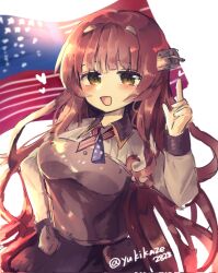 Rule 34 | 1girl, american flag, black skirt, blunt bangs, blush, breasts, brown hair, collared shirt, corrupted twitter file, green eyes, headgear, heart, helena (kancolle), highres, kantai collection, long hair, long sleeves, looking at viewer, medium breasts, multicolored hair, one-hour drawing challenge, open mouth, red hair, shirt, simple background, skirt, solo, twitter username, very long hair, white background, yukikaze2828