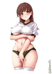 Rule 34 | 1girl, blush, breasts, brown hair, buruma, covering privates, covering crotch, cowboy shot, ebifurya, green buruma, gym uniform, highres, kantai collection, large breasts, long hair, looking at viewer, navel, one-hour drawing challenge, ooi (kancolle), shirt, short sleeves, simple background, solo, stomach, thighhighs, twitter username, underboob, white background, white shirt, white thighhighs