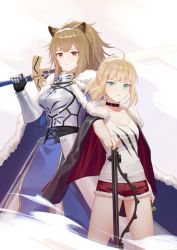 Rule 34 | 2girls, ahoge, animal ears, arknights, armor, armored dress, artoria pendragon (all), artoria pendragon (fate), black jacket, black nails, blonde hair, blue cape, blue dress, breastplate, brown eyes, brown hair, candy, cape, choker, closed mouth, collarbone, commentary request, cosplay, costume switch, crossover, dress, excalibur (fate/stay night), fate/grand order, fate/stay night, fate (series), food, fur-trimmed cape, fur-trimmed jacket, fur trim, gauntlets, green eyes, hair between eyes, highres, holding, holding candy, holding food, holding lollipop, holding sword, holding weapon, jacket, jacket on shoulders, kawasumi ayako, knight, lion ears, lion girl, lollipop, long hair, looking at viewer, multiple girls, nail polish, ponytail, red shorts, rj (lingshih10), saber (fate), saber (fate) (cosplay), shirt, short hair, short shorts, shorts, siege (arknights), siege (arknights) (cosplay), simple background, sword, voice actor connection, weapon, white shirt