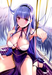 Rule 34 | 1girl, arm up, armpits, azur lane, barefoot, between breasts, blue hair, blurry, blush, breasts, choker, cleavage, closed mouth, depth of field, dido (anxious bisque doll) (azur lane), dido (azur lane), dress, feathers, hairband, high heels, highres, large breasts, long hair, looking at viewer, no panties, pelvic curtain, pink eyes, rei (rei&#039;s room), ribbon choker, shoes, sidelocks, single shoe, sitting, solo, very long hair, wariza, wings