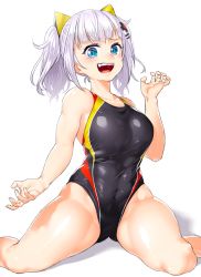 Rule 34 | 1girl, blue eyes, blunt bangs, blush, breasts, claw pose, commentary request, competition swimsuit, covered navel, hair ornament, hairclip, kaguya luna, large breasts, long hair, looking at viewer, one-piece swimsuit, onsoku inu, open mouth, silver hair, simple background, sitting, smile, solo, swimsuit, the moon studio, twintails, virtual youtuber, wariza, white background, x hair ornament