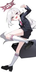 Rule 34 | 1girl, absurdres, black footwear, black jacket, black shorts, blue archive, briefcase, collared shirt, full body, grey hair, hair between eyes, halo, highres, honi (honi1010), jacket, korean commentary, leg up, long hair, long sleeves, mutsuki (blue archive), mutsuki (suit) (blue archive), necktie, official alternate costume, open clothes, open jacket, open mouth, pink eyes, pointy ears, ponytail, red necktie, shirt, shoes, shorts, side ponytail, simple background, socks, solo, very long hair, white background, white hair, white socks